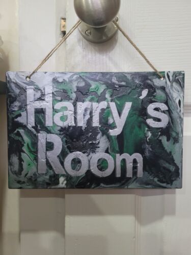 Hand Painted Personalised Childs Bedroom Door Sign Name Plaque Paint Pouring