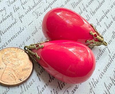 Vintage Large 17 x 32mm Hot Pink Lucite Drop Beads Charms Filigree Caps 2