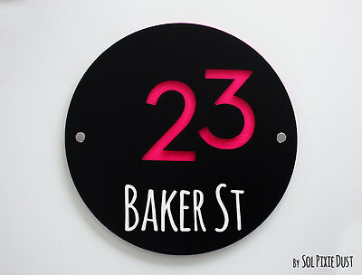 Modern House Numbers, Round Black & Pink Acrylic - Sign Plaque - Door Number