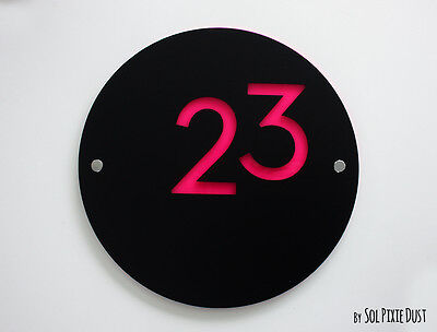 Modern House Numbers, Round Black & Pink Acrylic - Sign Plaque - Door Number