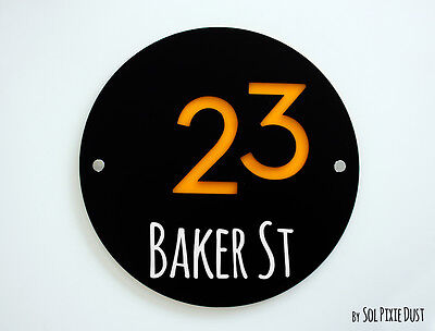 Modern House Numbers, Round Black & Yellow Acrylic - Sign Plaque - Door Number