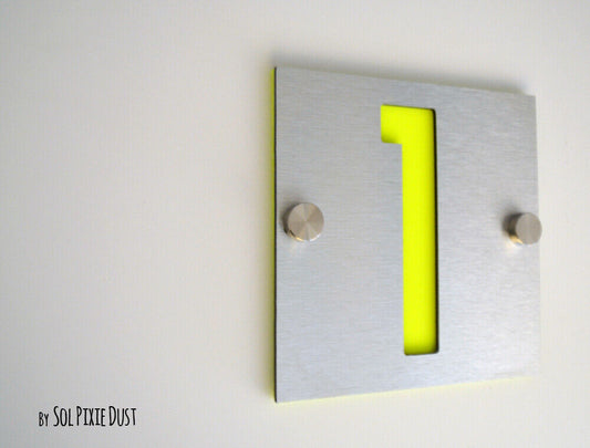 Modern House Numbers, One Number Square Alucobond with Neon Yellow Acrylic Sign