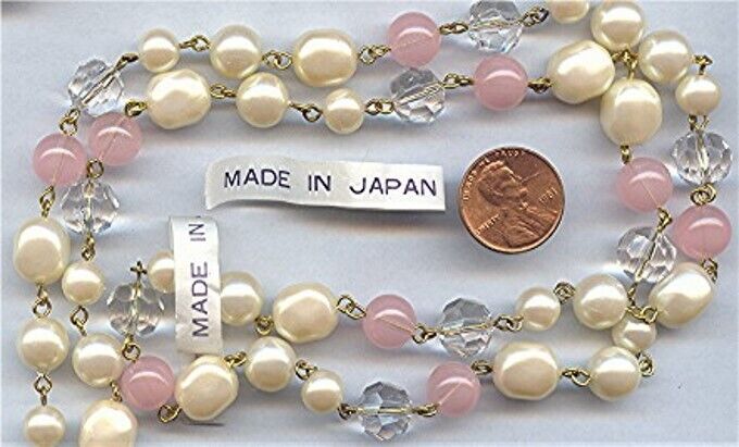 3 FEET VINTAGE JAPAN PEARL CRYSTAL ACRYLIC PINK BEADED BRASS LINK CHAIN Z878