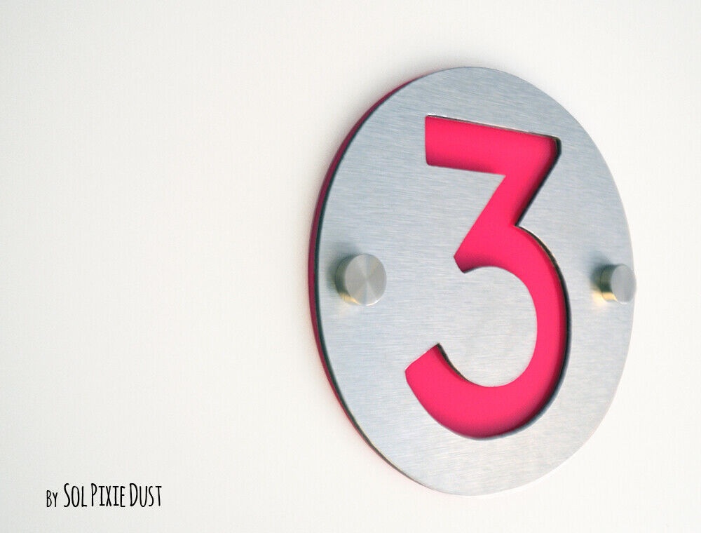 Modern House Numbers, One Number Round Alucobond with Pink Acrylic - Plaque Sign