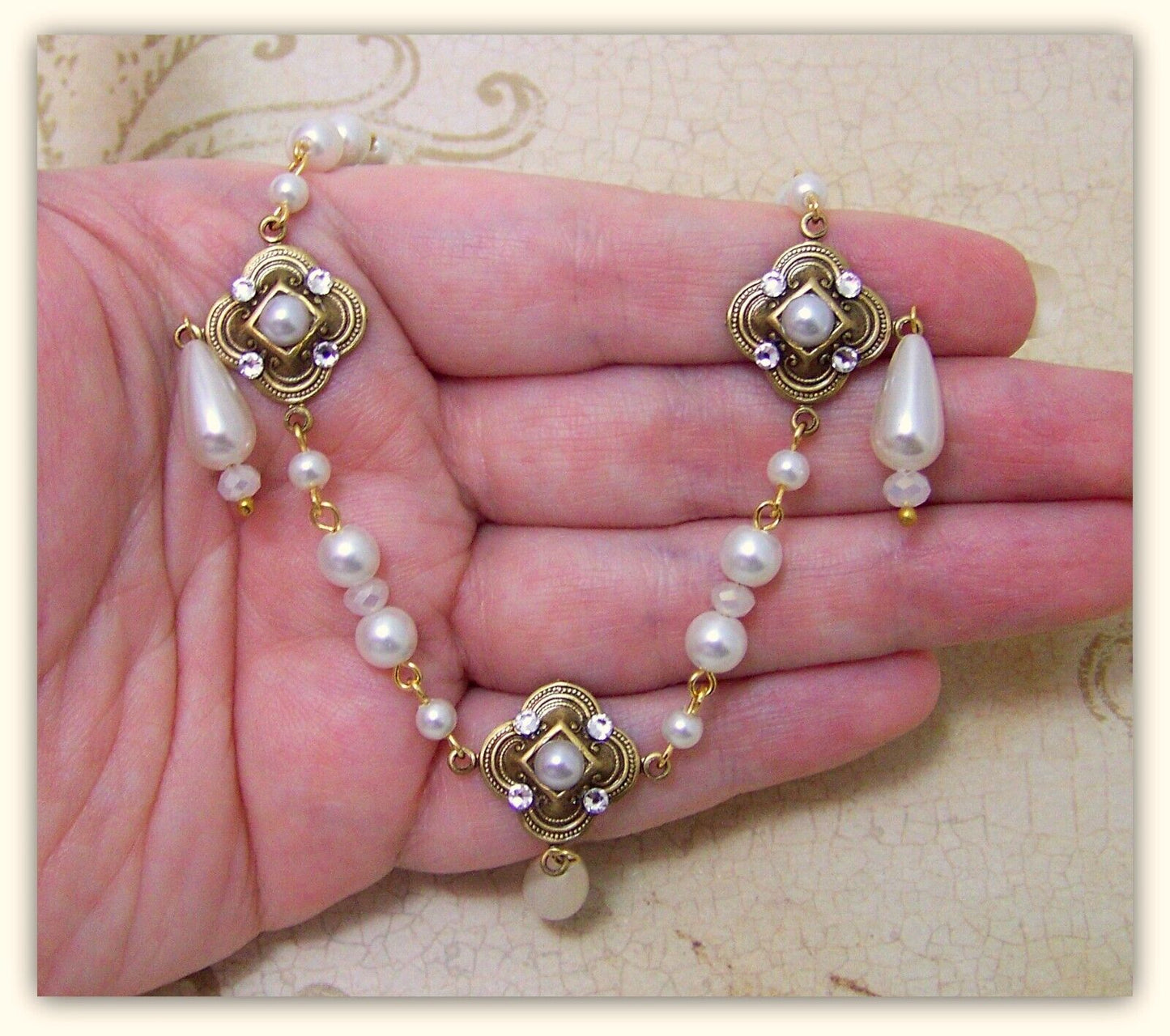 Medieval Quatrefoil Necklace Handemade Glass Pearl Crystal Renaissance