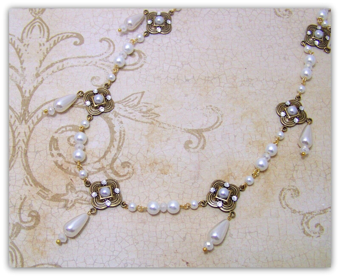 Medieval Quatrefoil Necklace Handemade Glass Pearl Crystal Renaissance