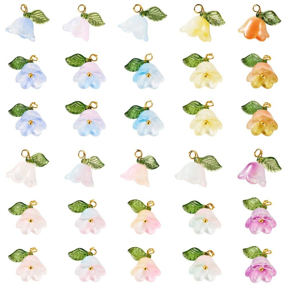 40Pcs 10 Colors Glass Acrylic Flower Charms Pendant with Brass Findings 12mm