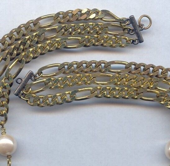 VINTAGE BRASS FIGARO CHAIN & PEARL BEADED 3 STRAND 20" DECO BIB SECTION 1076