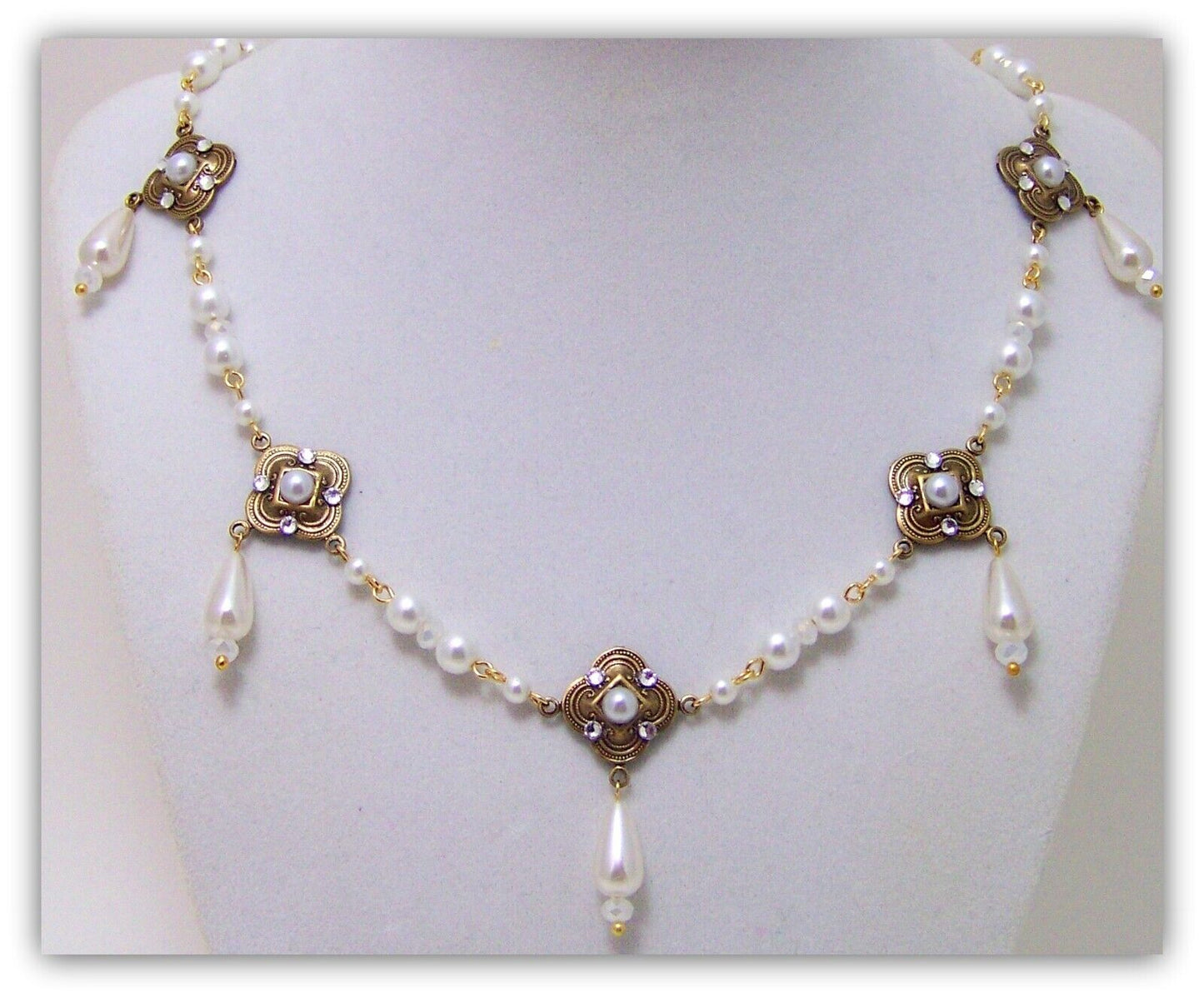 Medieval Quatrefoil Necklace Handemade Glass Pearl Crystal Renaissance