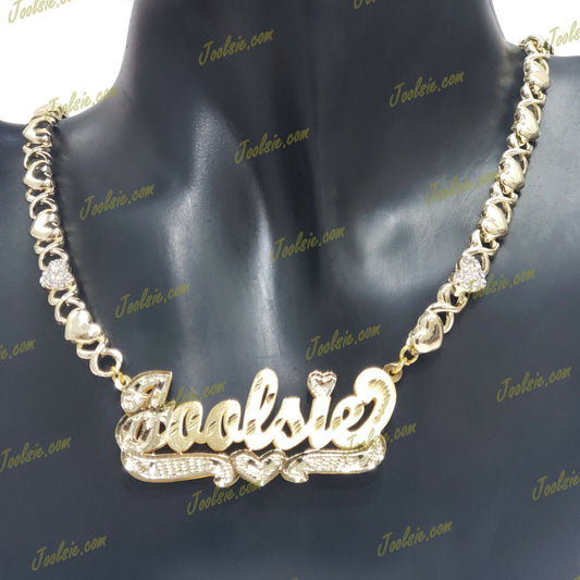 PERSONALIZED 14K GOLD PLATED DOUBLE 3D XO HUGS N KISSES NAME NECKLACE