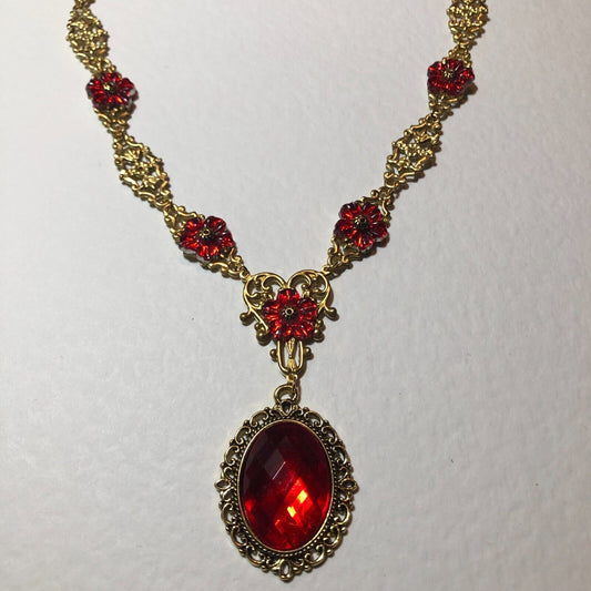 VICTORIAN STYLE Flower Filigree BRIGHT RED ACRYLIC CRYSTAL GOLD COLOUR NECKLACE