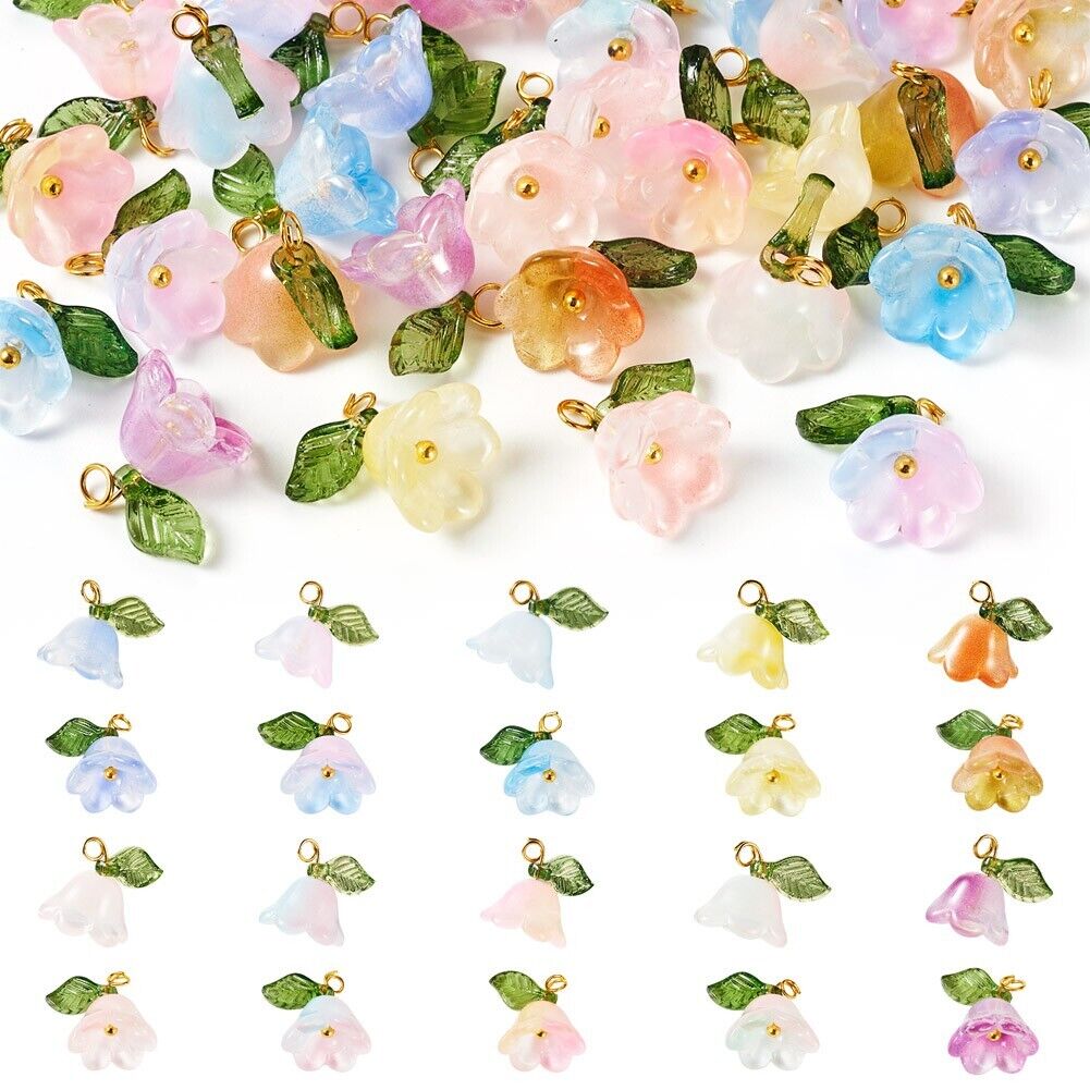 40Pcs 10 Colors Glass Acrylic Flower Charms Pendant with Brass Findings 12mm