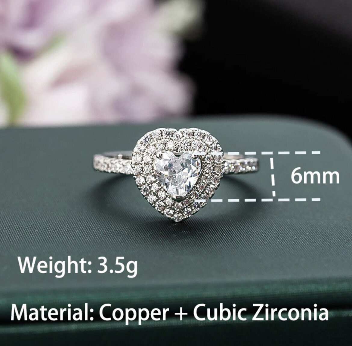 Women's Fashion Jewelry Silver Cubic Zirconia Heart Shape Luxury Ring 1-12