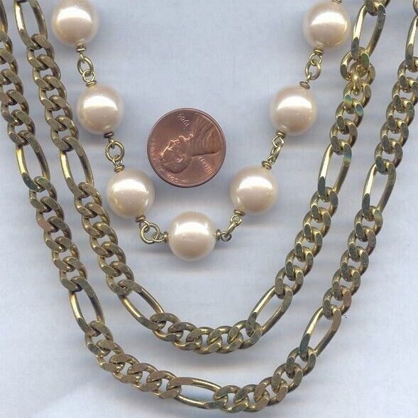 VINTAGE BRASS FIGARO CHAIN & PEARL BEADED 3 STRAND 20" DECO BIB SECTION 1076