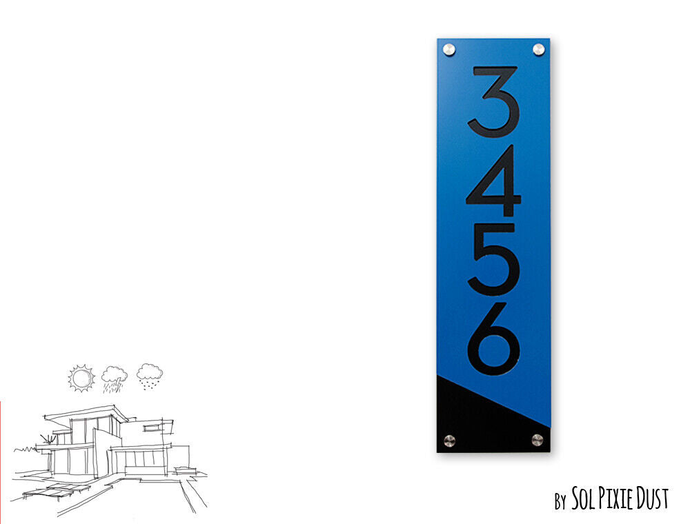 Modern House Numbers, Blue Alucobond with Black Acrylic - Vertical 4 - Plaque