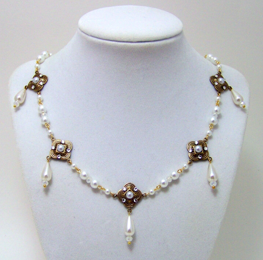 Medieval Quatrefoil Necklace Handemade Glass Pearl Crystal Renaissance