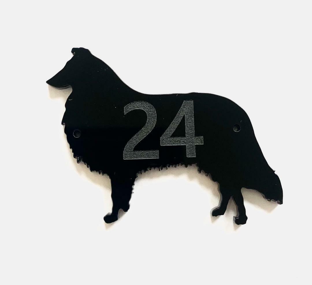 Rough Collie Dog Door House Number Sign Plaques in Black