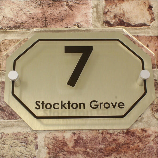 Brushed Gold Effect Personalised Modern House Sign Name and Number ( Octagon )