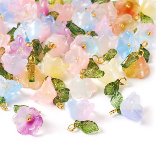 40Pcs 10 Colors Glass Acrylic Flower Charms Pendant with Brass Findings 12mm