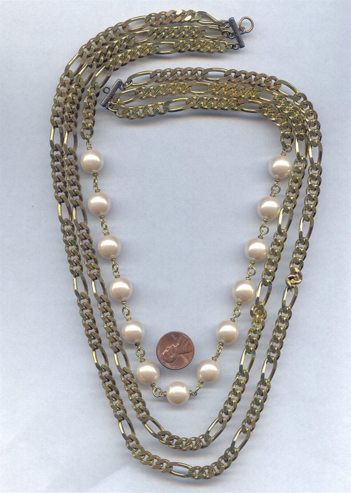 VINTAGE BRASS FIGARO CHAIN & PEARL BEADED 3 STRAND 20" DECO BIB SECTION 1076