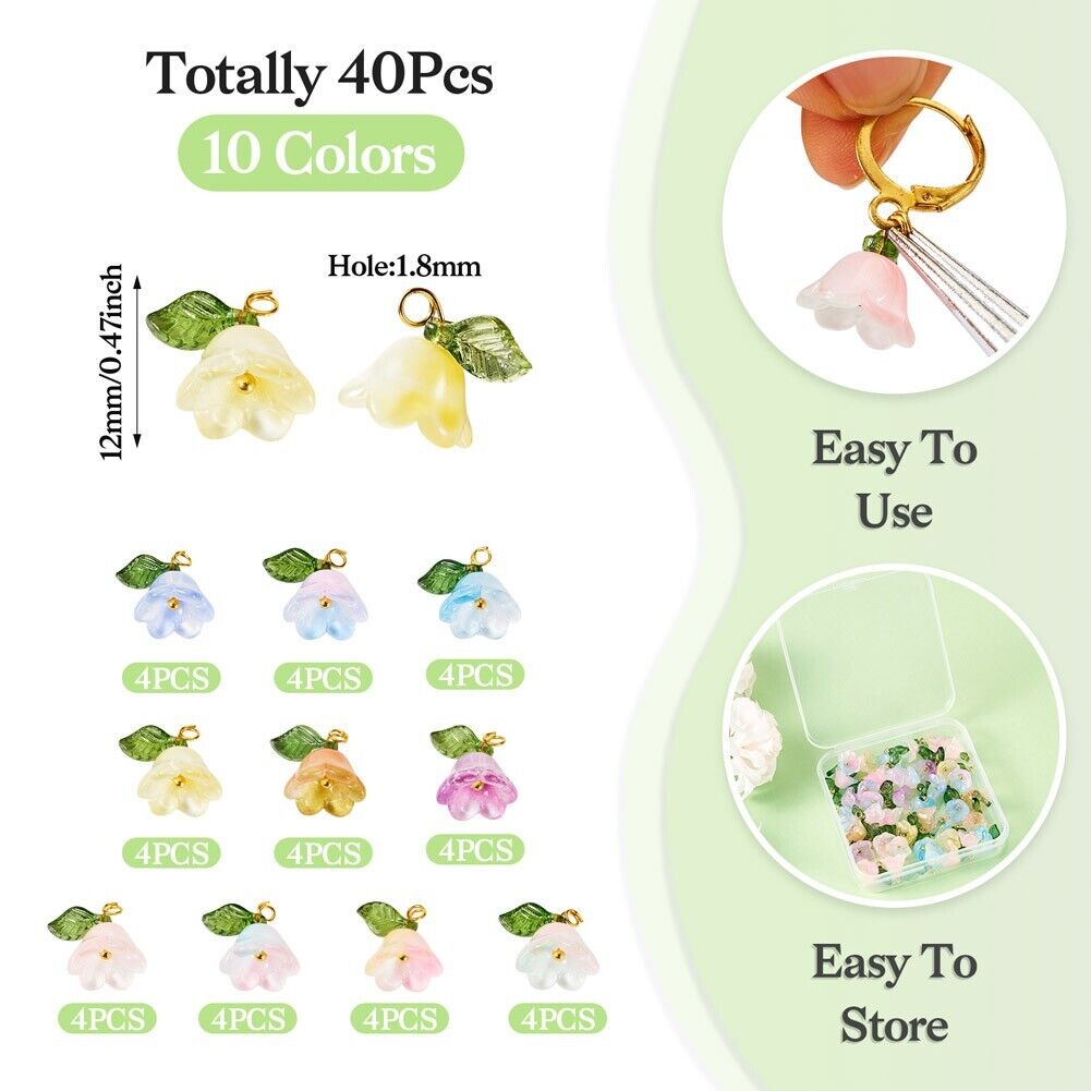 40Pcs 10 Colors Glass Acrylic Flower Charms Pendant with Brass Findings 12mm