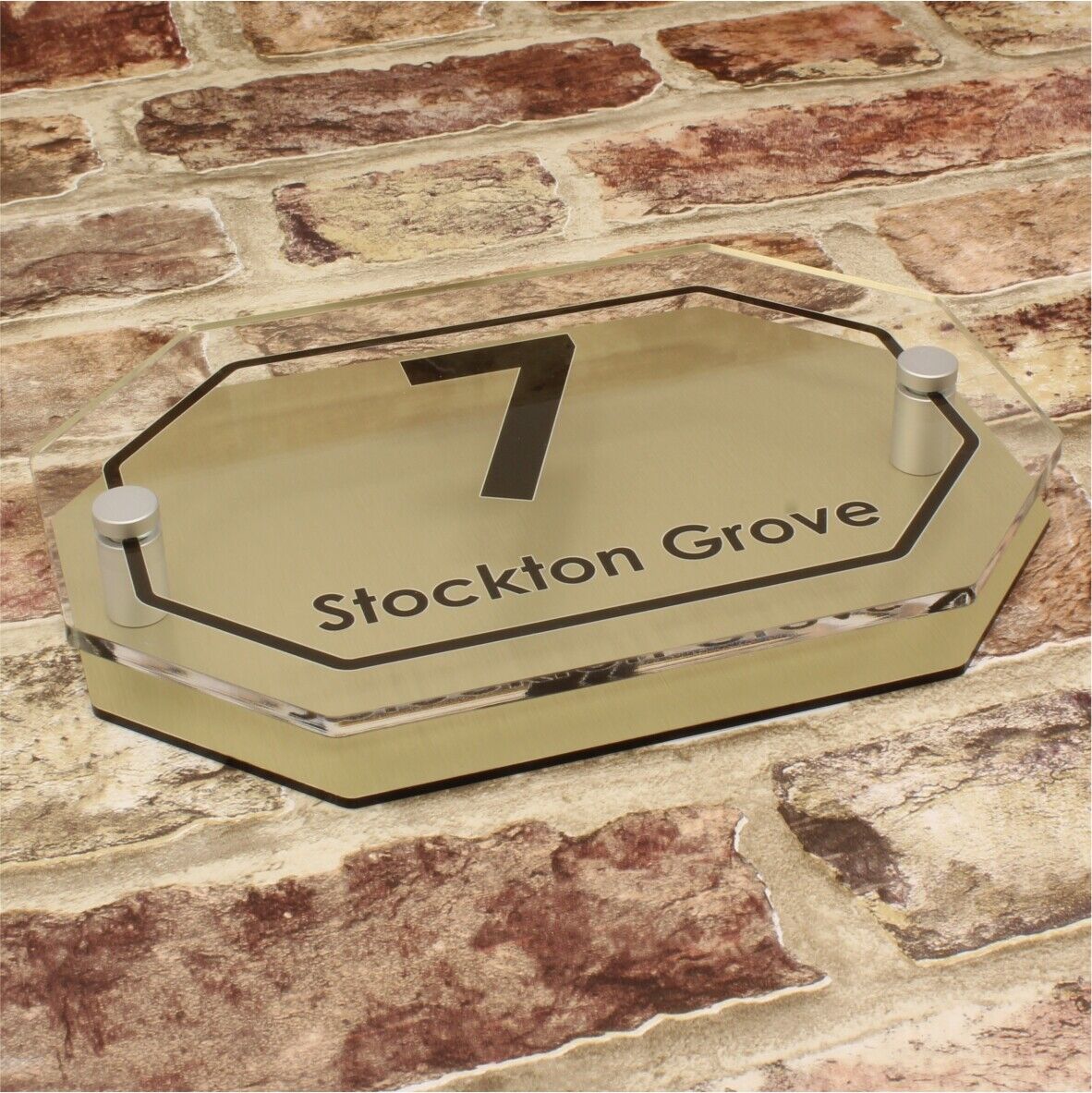 Brushed Gold Effect Personalised Modern House Sign Name and Number ( Octagon )